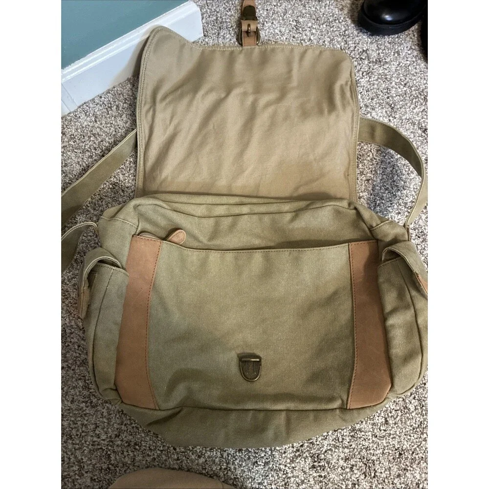 LL Bean Canvas Messenger Bag Medium Khaki Green Gorpcore Goblincore Vintage